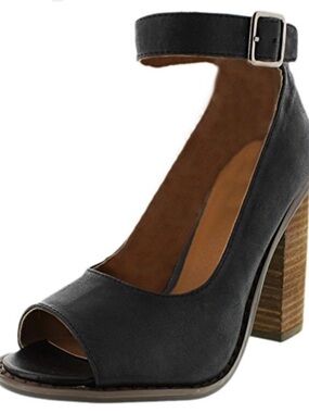 Kelsi Dagger Black Peep-Toe Ankle-Strap Block Heel